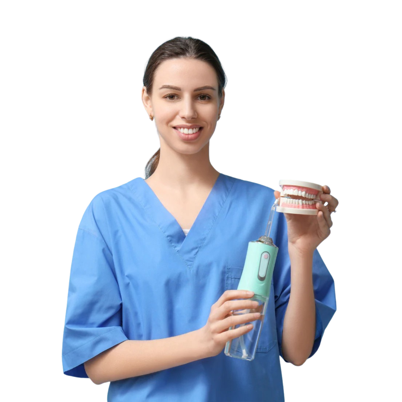Woman in blue scrubs holding a water bottle and dental model on a white background